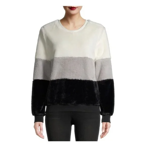 No Boundaries Juniors' Fuzzy Color Blocked Black White Winter Pullover SZ Large - Picture 2 of 4